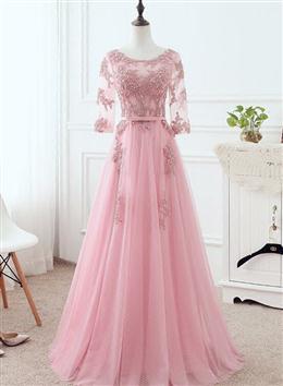 Picture of Pink Tulle Elegant Party Dresses with Lace, Pink A-line Formal Dresses Bridesmaid Dresses